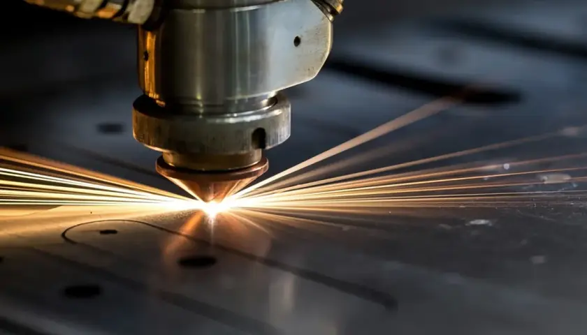 Macchina laser che taglia l'acciaio con un fascio luminoso e scintille.