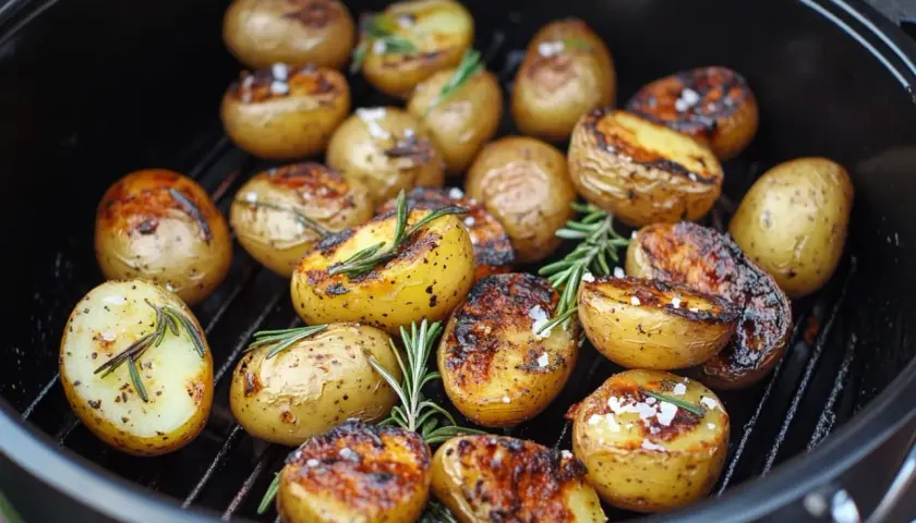 Gegrillte Rosmarinkartoffeln mit grobem Salz und Kräutern auf einem Rost.