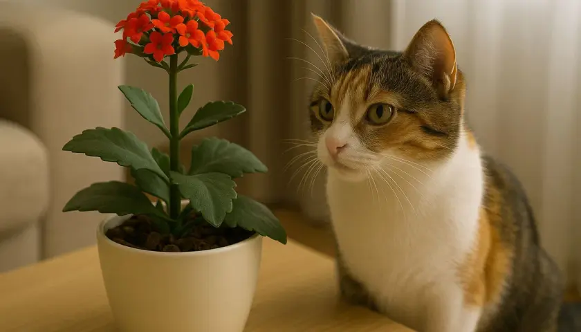 Eine Katze schaut neugierig auf eine blühende Kalanchoe, die giftig ist.