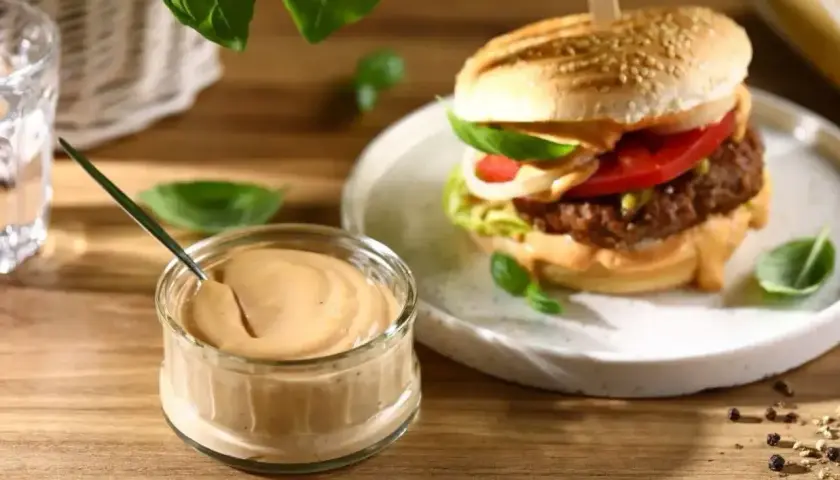Pyszny sos do burgera w słoiczku obok soczystego burgera z pomidorem i sałatą. Idealny dodatek do każdej kanapki.