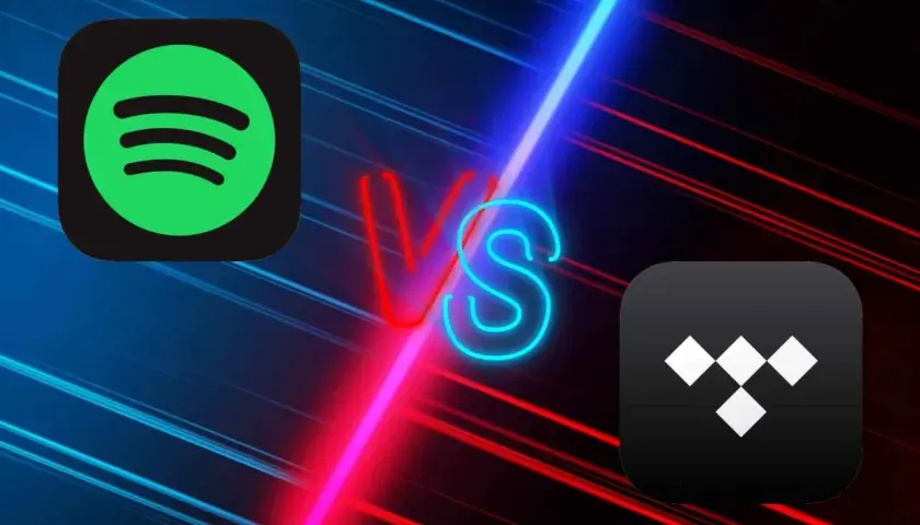 Logo Spotify i Tidal na tle neonowego napisu VS.