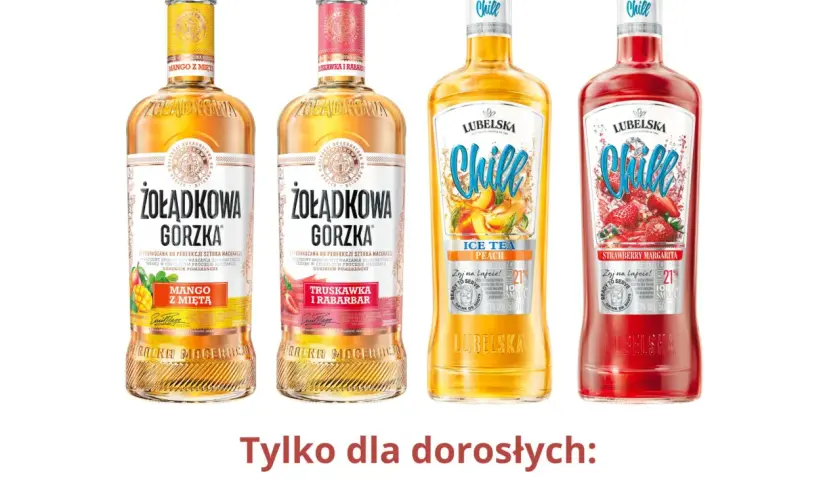 Żołądkowa Gorzka w smakach mango z miętą i truskawka z rabarbarem, obok Lubelska Chill Ice Tea Peach i Strawberry Margarita. Owocowe smaki na lato.
