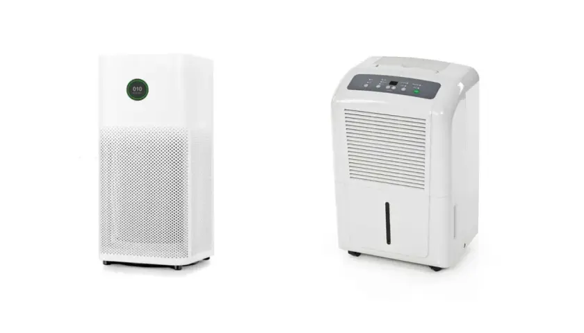 Dos aparatos blancos: un purificador de aire y un deshumidificador que elimina la humedad.