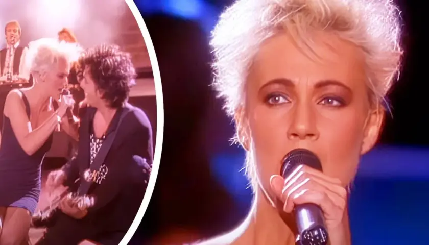 Marie Fredriksson z Roxette śpiewa "Alouette po polsku". W tle zespół, w tym Per Gessle.
