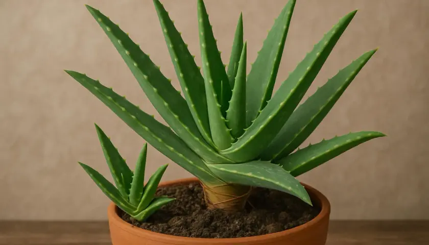 Eine große Aloe Vera Pflanze mit einem kleinen aloe vera ableger daneben in einem Terrakotta-Topf.
