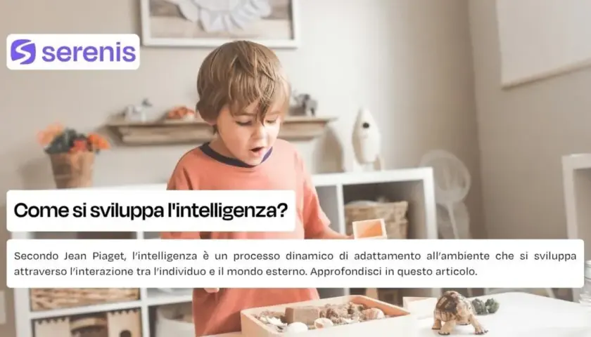 Bambino esplora un gioco sensoriale, illustrando l'assimilazione e l'accomodamento nello sviluppo dell'intelligenza secondo Piaget.