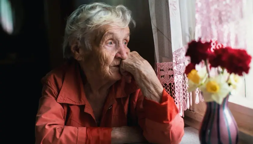 Eine ältere Frau blickt nachdenklich aus dem Fenster, ihre Hand am Kinn. Die Szene vermittelt ein Gefühl von **Angst vor Einsamkeit im Alter**.