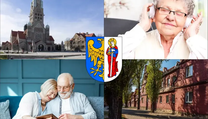 Kolaż: kościół, starsza kobieta w słuchawkach, para seniorów z tabletem, herb, ulica z domami.