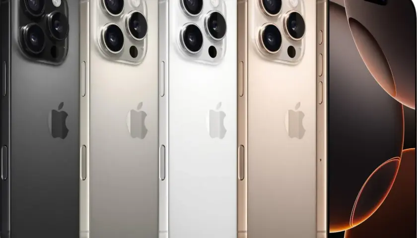 Pięć telefonów iPhone 16 Pro w różnych kolorach: czarny, srebrny, biały, złoty i z przodu wyświetlacz.