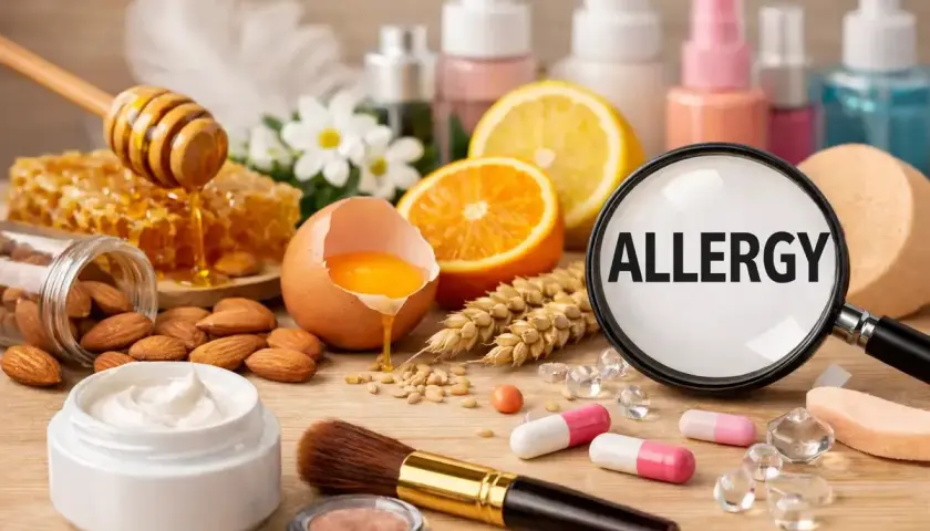 Miód, migdały, jajko, cytrusy i zboża – potencjalne alergeny w kosmetykach. Lupa z napisem "ALLERGY" podkreśla problem.