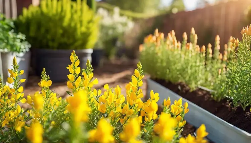 Des fleurs jaunes éclatantes, peut-être des genêts, illuminent un jardin ensoleillé. La taille genet est parfaite pour ces plantes.