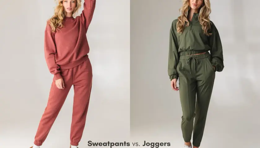 Two women model outfits. The woman on the left wears rust-colored sweatpants and a matching sweatshirt. The woman on the right wears olive green joggers and a matching cropped jacket.
