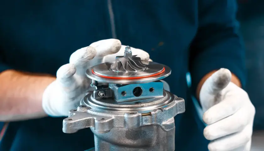 Ręce w białych rękawiczkach trzymają turbosprężarkę, gotową do montażu. To serce potężnego silnika twin turbo.