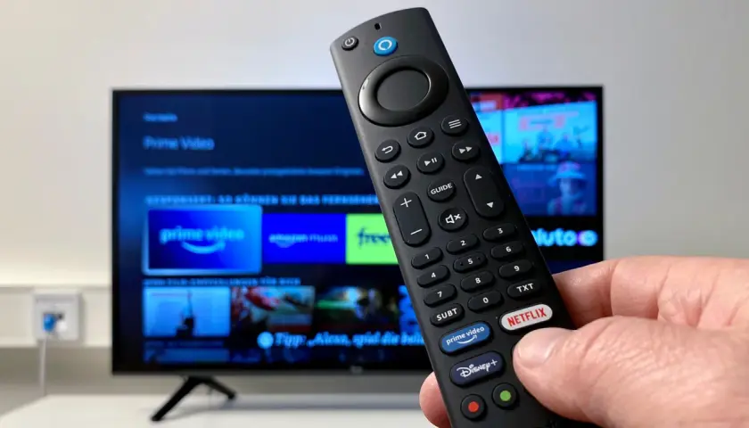 Fernbedienung für Fire TV mit Prime Video, Netflix und Disney+ Apps auf dem Bildschirm.