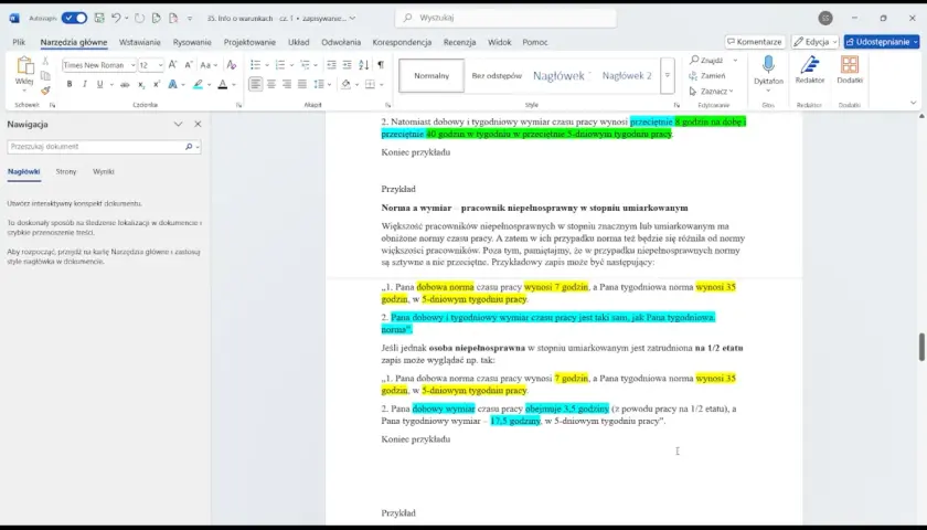 Fragment dokumentu tekstowego z zaznaczonymi fragmentami tekstu dotyczącymi norm czasu pracy.