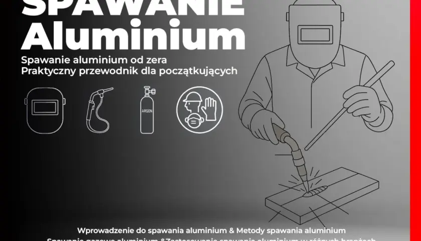 Ilustracja pokazuje, jak spawać aluminium. Widoczny spawacz w masce, palnik, butla z argonem i materiał do spawania.