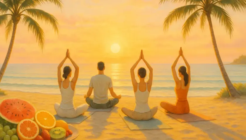Personas meditando en la playa al atardecer. Un plato de fruta fresca a la izquierda. El mejor clima de España para el asma se encuentra en lugares así.