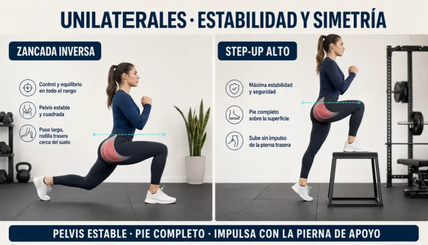 Mujer realizando zancada inversa y step-up alto, ejercicios para el **ejercicio gluteo** con énfasis en estabilidad y simetría.