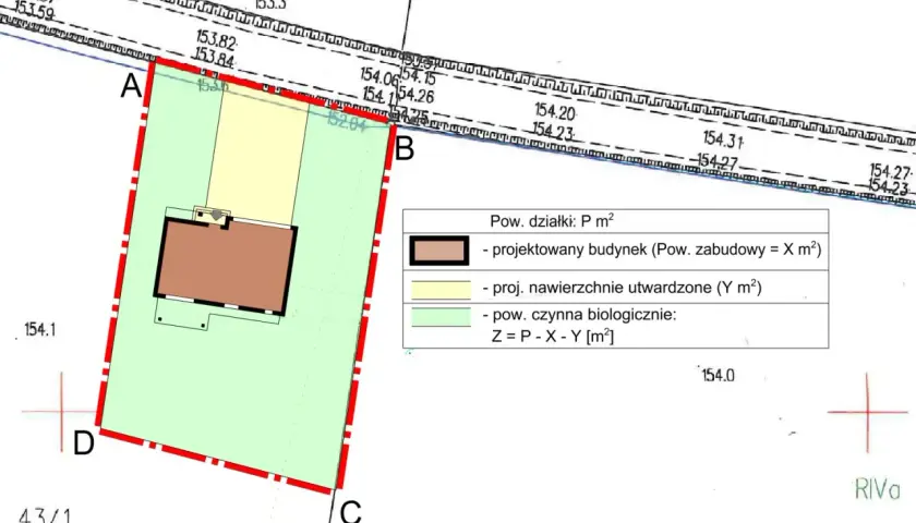 Plan sytuacyjny z zaznaczonym projektowanym budynkiem i legendą, stanowiący część wniosku o ustalenie warunków zabudowy.