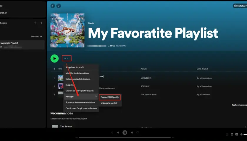 Comment partager une playlist Spotify : cliquez sur les trois points, puis sur "Partager" et "Copier l'URI Spotify".