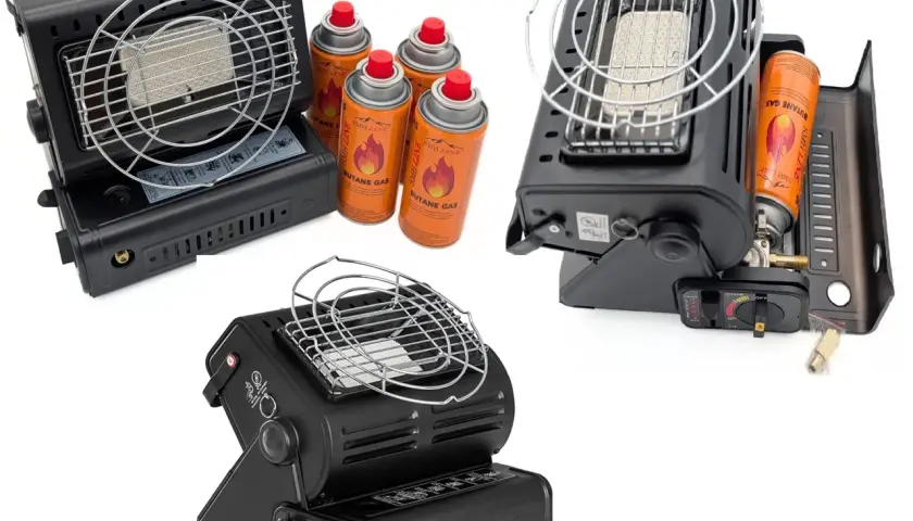 Chauffage gaz camping-car : plusieurs appareils et cartouches de butane. Attention au danger d'utilisation en intérieur.