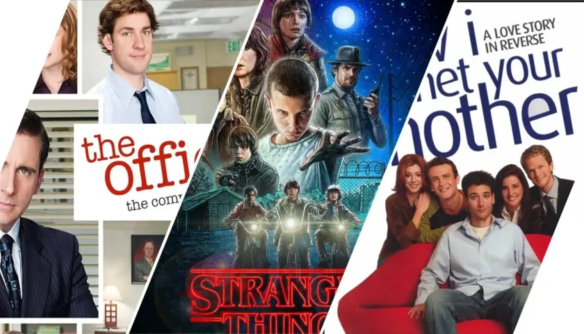 Collage di serie tv in inglese: The Office, Stranger Things e How I Met Your Mother.