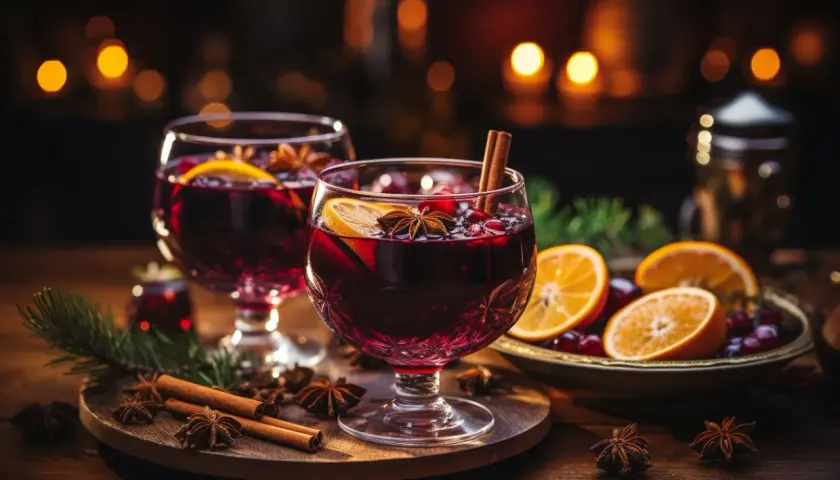 Deux verres de vin chaud, décorés d'orange, d'anis étoilé et de cannelle. Parfait pour une recette de vin chaud réconfortante.