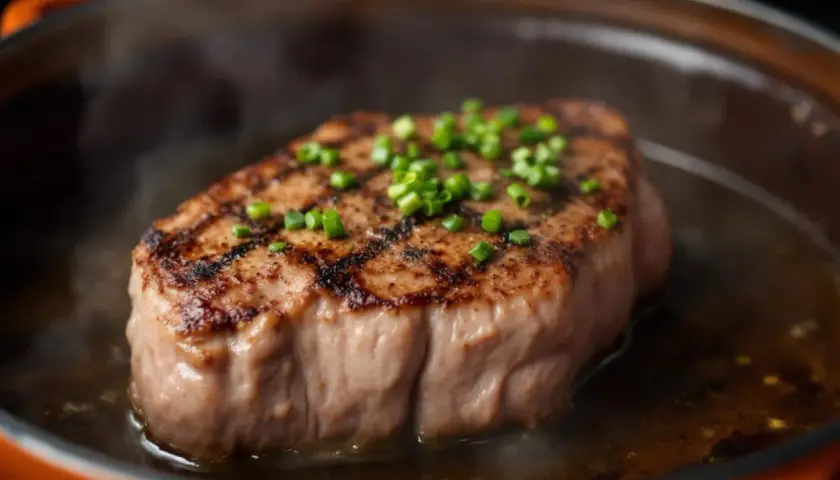 Un steak grillé, garni de ciboule, mijote dans sa sauce. Cette viande cuite hors frigo 12h semble prête à être dégustée.