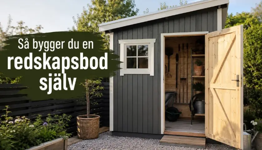 En mörkredskapsbod med öppen dörr, fönster och trädgårdsredskap inuti. Texten "Så bygger du en redskapsbod själv" syns tydligt.
