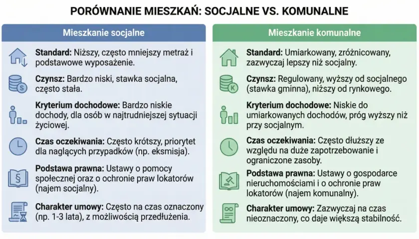 Porównanie mieszkań socjalnych i komunalnych: standard, czynsz, kryterium dochodowe, czas oczekiwania, podstawa prawna, charakter umowy.