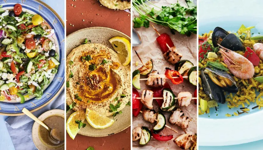 En härlig collage med medelhavskost recept: fräsch sallad, krämig hummus, grillspett med kyckling och grönsaker samt en paella med skaldjur.