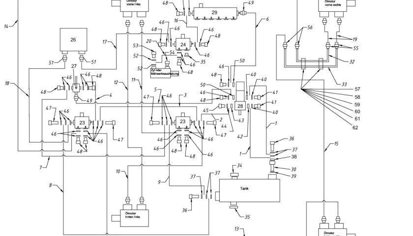 Hydraulikschaltplan für einen Holzspalter mit Ölmotoren, Zylindern und Tank.