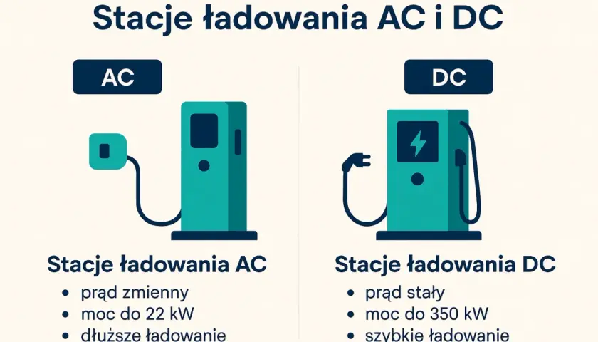 Ilustracja porównuje stacje ładowania AC i DC. Po lewej stacja AC, po prawej DC, obie gotowe do ładowania samochodu elektrycznego.