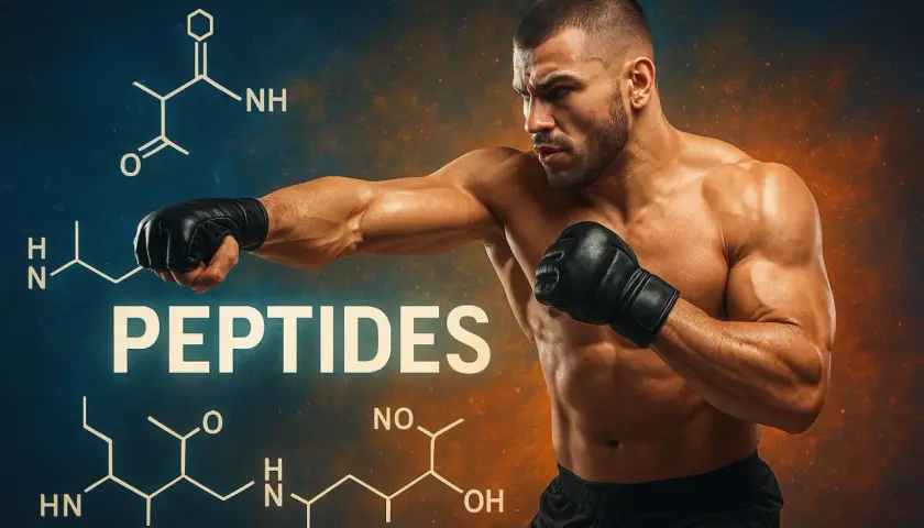 Mięśniowy bokser w rękawicach, z symbolami chemicznymi i napisem "PEPTIDES". Peptydy w kulturystyce to klucz do siły.