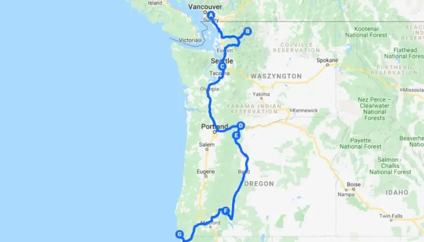 Trasa podróży przez kraje Ameryki Północnej: Vancouver, Seattle, Portland, Oregon. Widoczne też części Waszyngtonu i Idaho.
