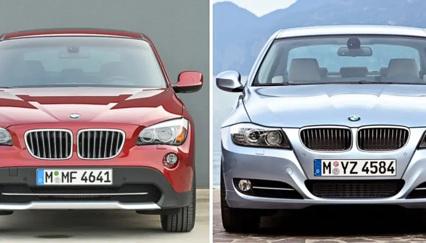 Två BMW-bilar, en röd SUV och en silverfärgad sedan, framifrån. Information om bmw recall sverige kan vara relevant för dessa modeller.