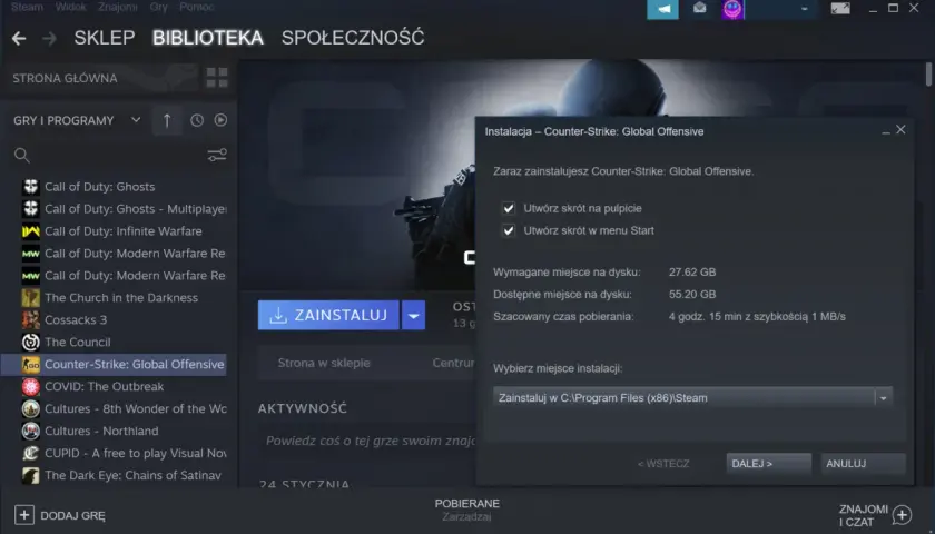 Okno instalacji gry Counter-Strike: Global Offensive na platformie Steam.