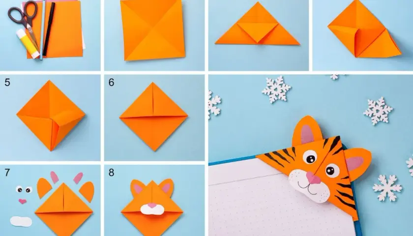 Tutorial per creare segnalibri a forma di tigre con origami, perfetti lavoretti da fare in casa per passare il tempo.