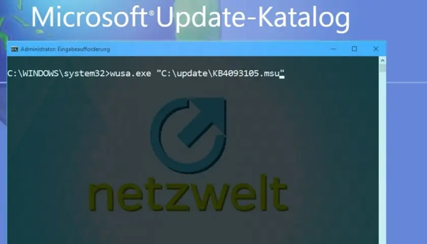 Windows 10 Updates manuell herunterladen und installieren: Eingabeaufforderung mit wusa.exe und Pfad zur MSU-Datei.