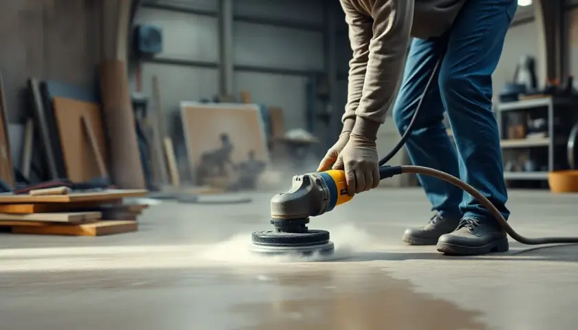 Mann schleift mit einer Maschine den Estrich. Staub wirbelt auf, während die Arbeit voranschreitet.