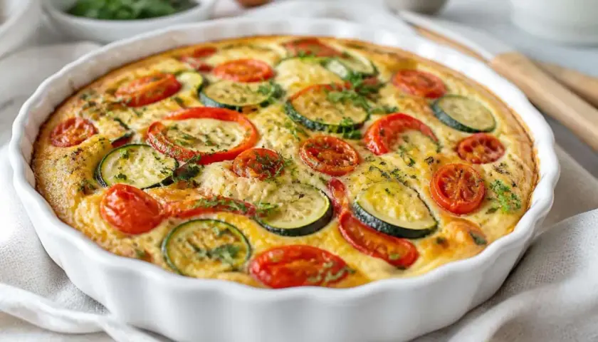 Quiche sans pâte aux courgettes et tomates cerises, dorée et appétissante, garnie d'herbes fraîches. Un délice léger et savoureux.