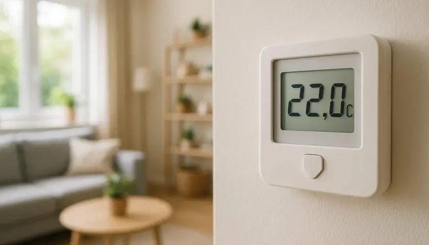 Termostat pokazuje 22°C, idealną, optymalną temperaturę w domu.