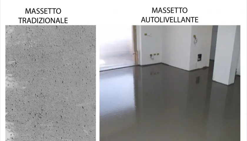 Confronto tra massetto tradizionale e massetto autolivellante, che garantisce uno spessore minimo uniforme e una finitura liscia.