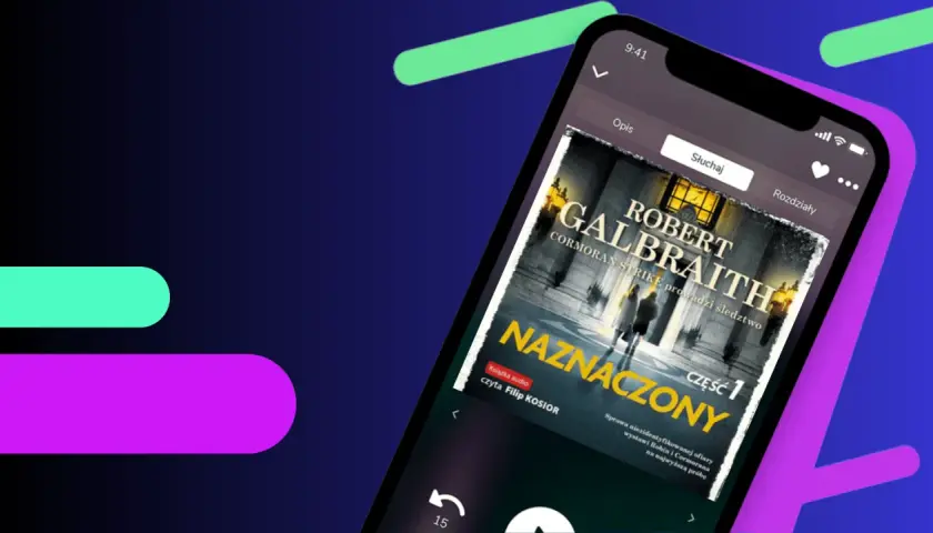 Aplikacja z audiobookiem "Naznaczony" Roberta Galbraith, część 1. Idealna do śledzenia kolejności książek z serii Cormoran Strike.