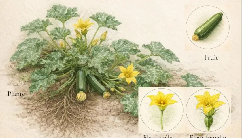 Plante de courgette avec fruits, racines, fleur mâle et fleur femelle.