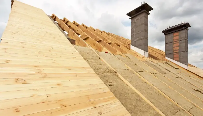Struttura del tetto in legno con isolamento termico del tetto in lana minerale e due camini in costruzione.