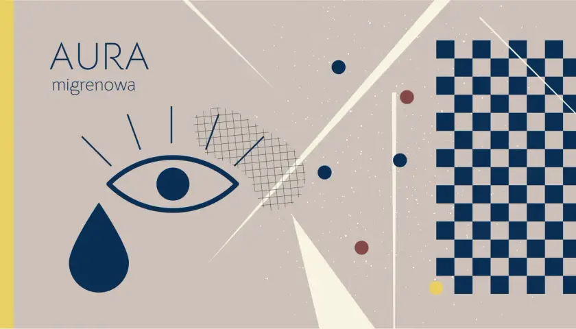 AURA migrenowa: oko z łzą, szachownica, kropki i linie. Abstrakcyjna grafika symbolizująca to, co to jest aura migrenowa.