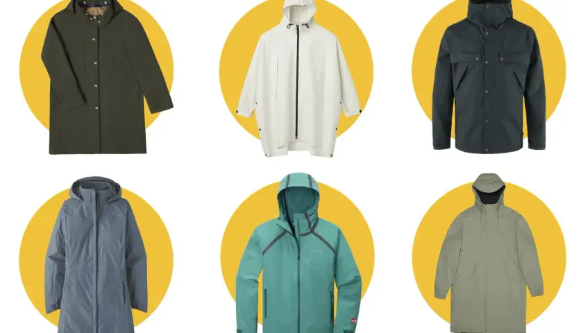 Six raincoats in various colors and styles, showcasing what fabric are raincoats made of.