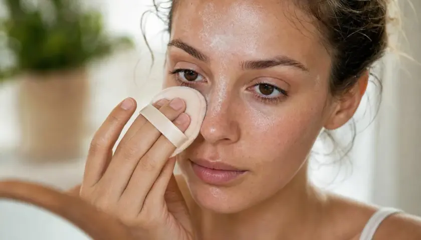 Une femme applique de la poudre sur son visage avec une houppette, étape clé pour comment appliquer du fond de teint et matifier le teint.