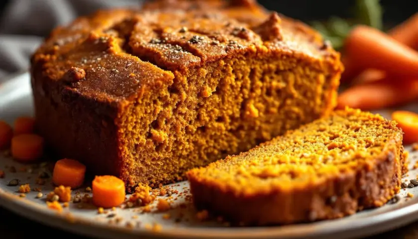 Un délicieux cake carotte cumin, moelleux et parfumé, avec des morceaux de carottes et des graines sur le dessus.